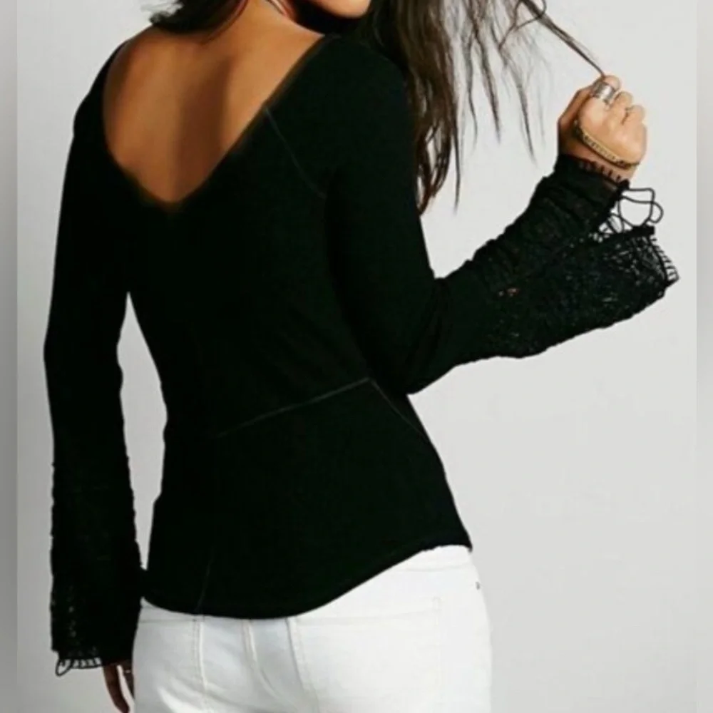 Free People Juliet Lace Up Bell Sleeve Cuff Thermal Top, size S
